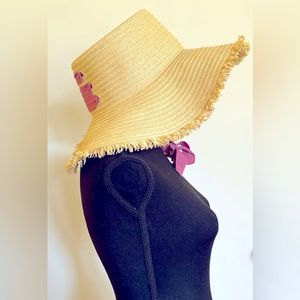 NWOT Ribbon Straw Boater Hat w/ Frayed Edge; Adjustable Size w/ Pink Ribbon